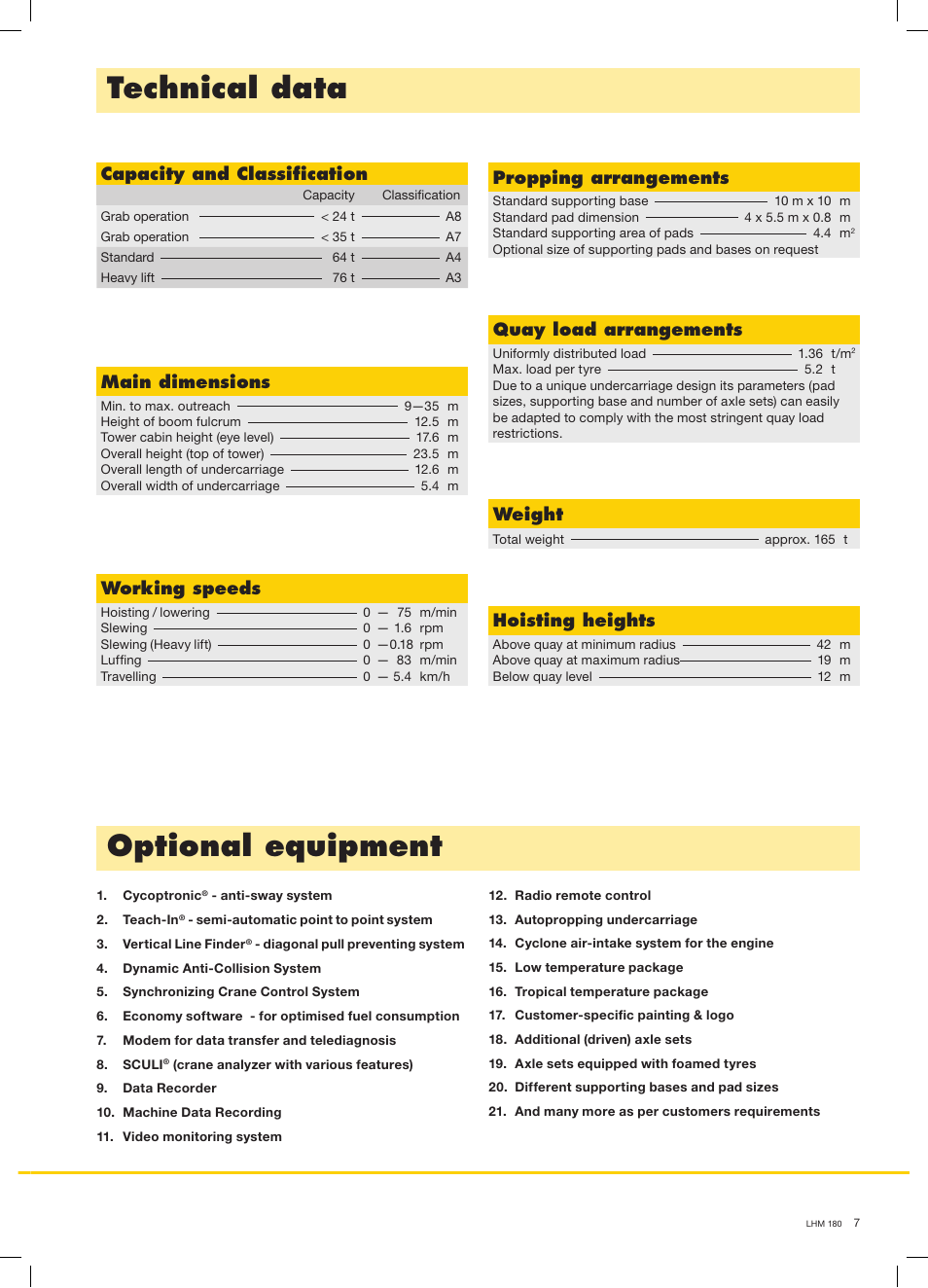 Technical data, Optional equipment, Propping arrangements | Quay load arrangements, Capacity and classification, Main dimensions, Working speeds, Hoisting heights, Weight | Liebherr LHM 180 User Manual | Page 7 / 8