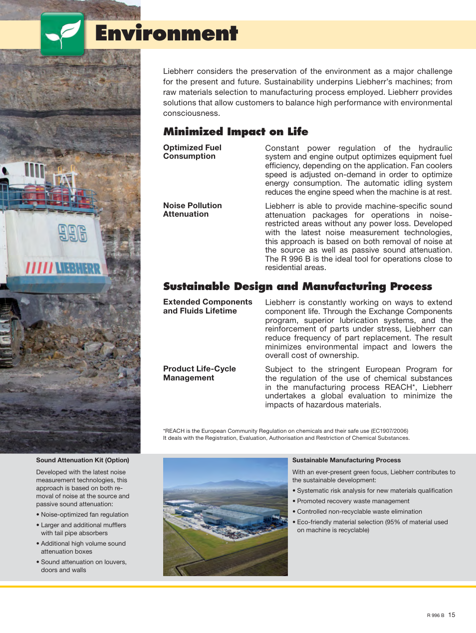 Environment, Minimized impact on life, Sustainable design and manufacturing process | Liebherr R 996 B User Manual | Page 15 / 22