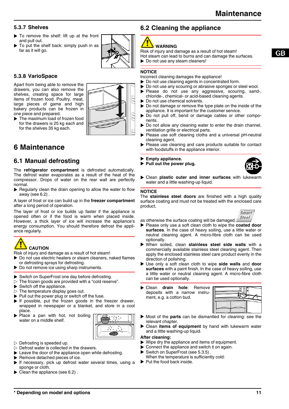 7shelves, 8variospace, 6maintenance | 1manual defrosting, 2cleaning the appliance, 6 maintenance, Maintenance, 1 manual defrosting, 2 cleaning the appliance | Liebherr CP 4023 Comfort User Manual | Page 11 / 14