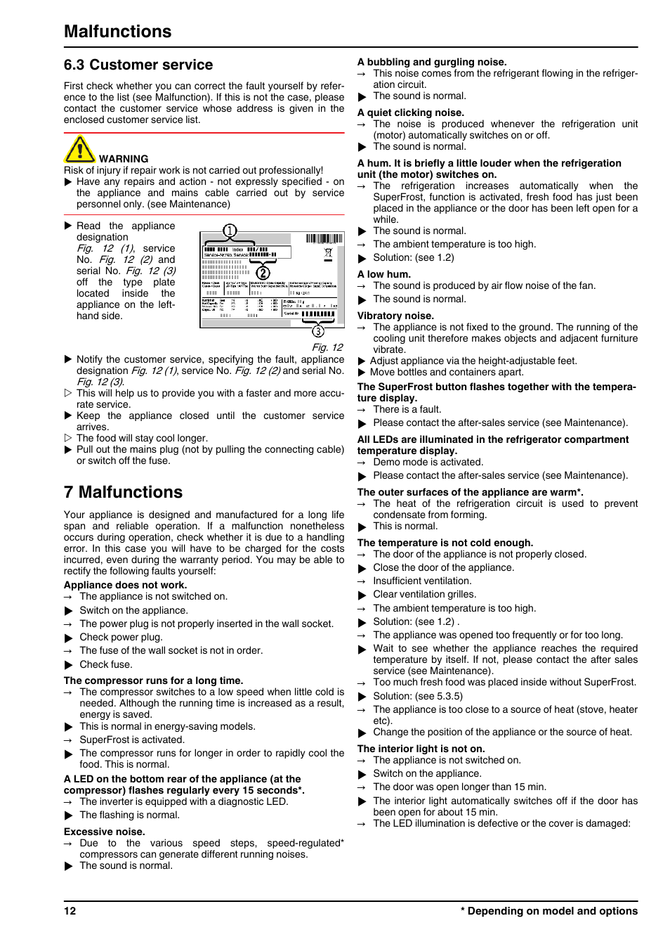 3customer service, 7malfunctions, 7 malfunctions | Malfunctions, 3 customer service | Liebherr CP 4023 Comfort User Manual | Page 12 / 14