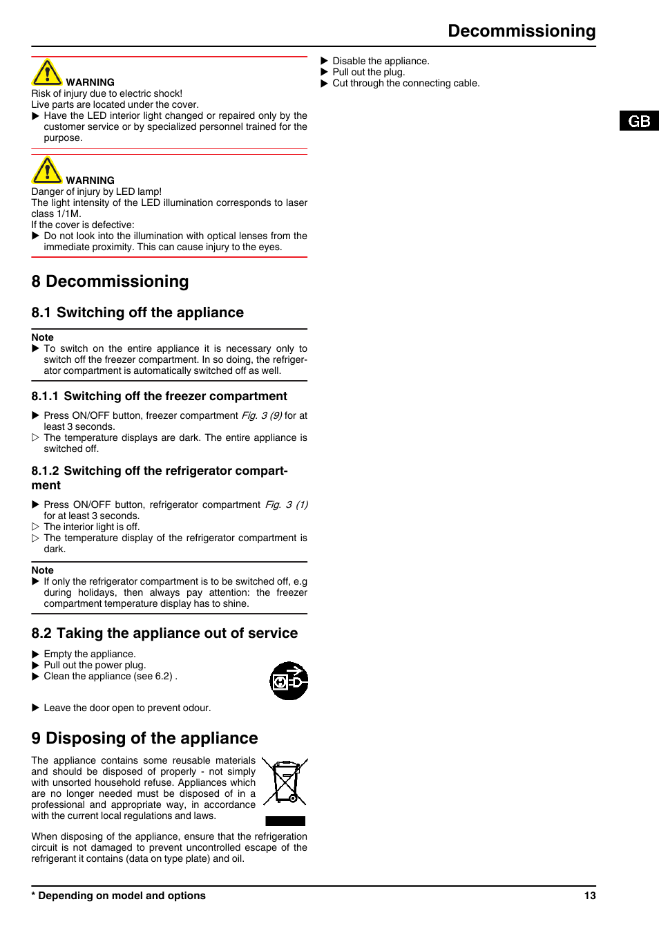 8decommissioning, 1switching off the appliance, 1switching off the freezer compartment | 2switching off the refrigerator compartment, 2taking the appliance out of service, 9disposing of the appliance, 8 decommissioning, 9 disposing of the appliance, Decommissioning, 1 switching off the appliance | Liebherr CP 4023 Comfort User Manual | Page 13 / 14