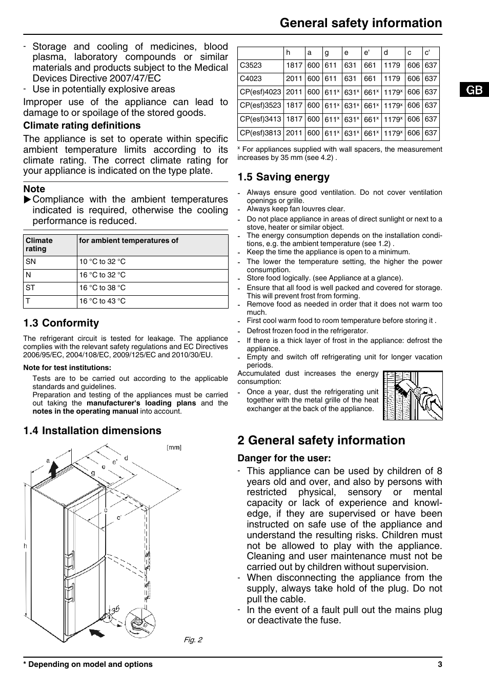 3conformity, 4installation dimensions, 5saving energy | 2general safety information, 2 general safety information, General safety information, 3 conformity, 4 installation dimensions, 5 saving energy, Danger for the user | Liebherr CP 4023 Comfort User Manual | Page 3 / 14