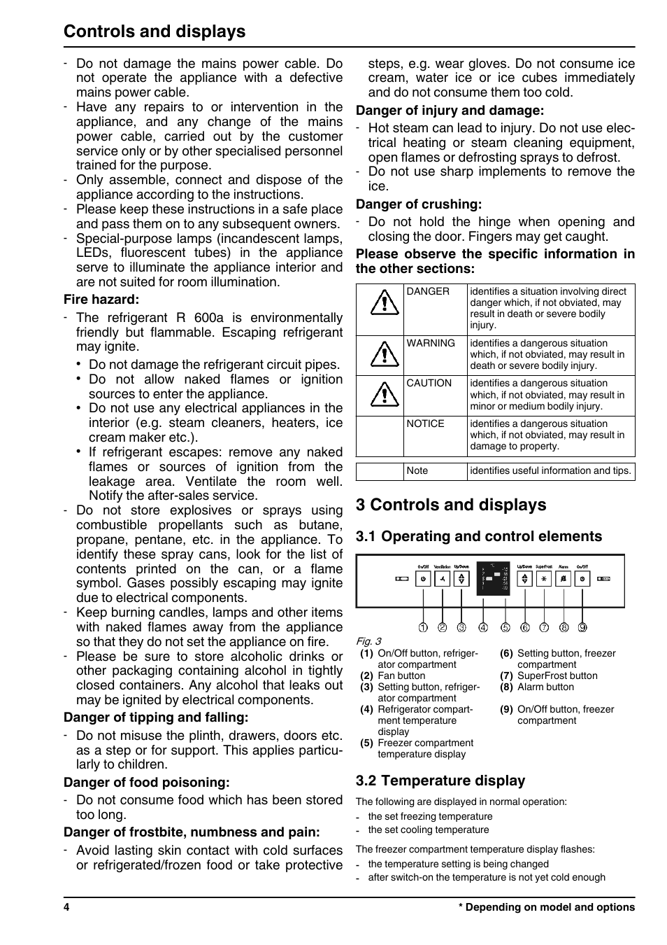 3controls and displays, 1operating and control elements, 2temperature display | 3 controls and displays, Controls and displays | Liebherr CP 4023 Comfort User Manual | Page 4 / 14