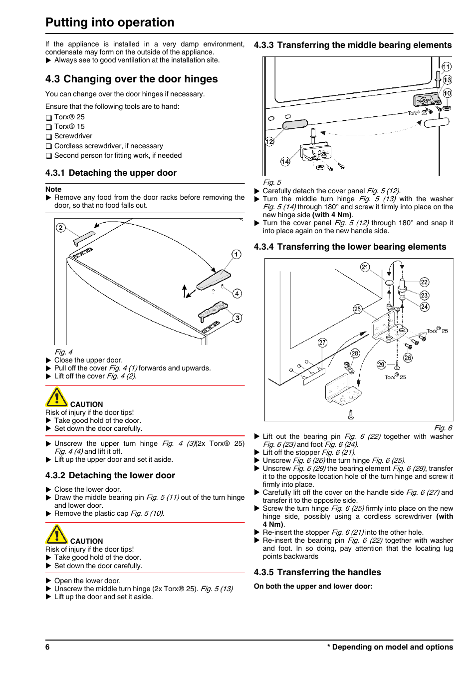 3changing over the door hinges, 1detaching the upper door, 2detaching the lower door | 3transferring the middle bearing elements, 4transferring the lower bearing elements, 5transferring the handles, Putting into operation, 3 changing over the door hinges | Liebherr CP 4023 Comfort User Manual | Page 6 / 14