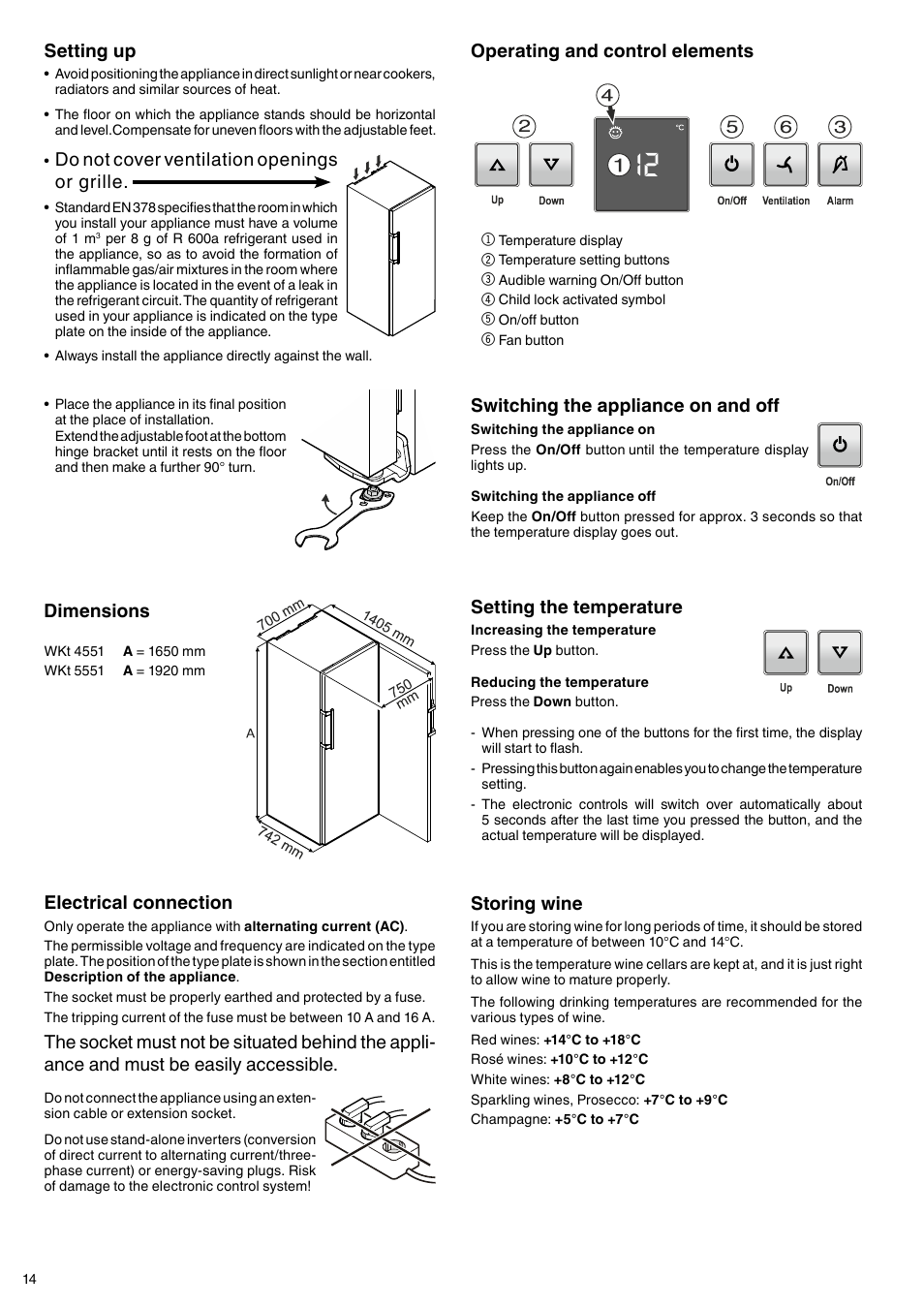 Operating and control elements, Setting the temperature, Storing wine | Switching the appliance on and off, Setting up, Do not cover ventilation openings or grille, Dimensions, Electrical connection | Liebherr WKt 5551 GrandCru User Manual | Page 4 / 11