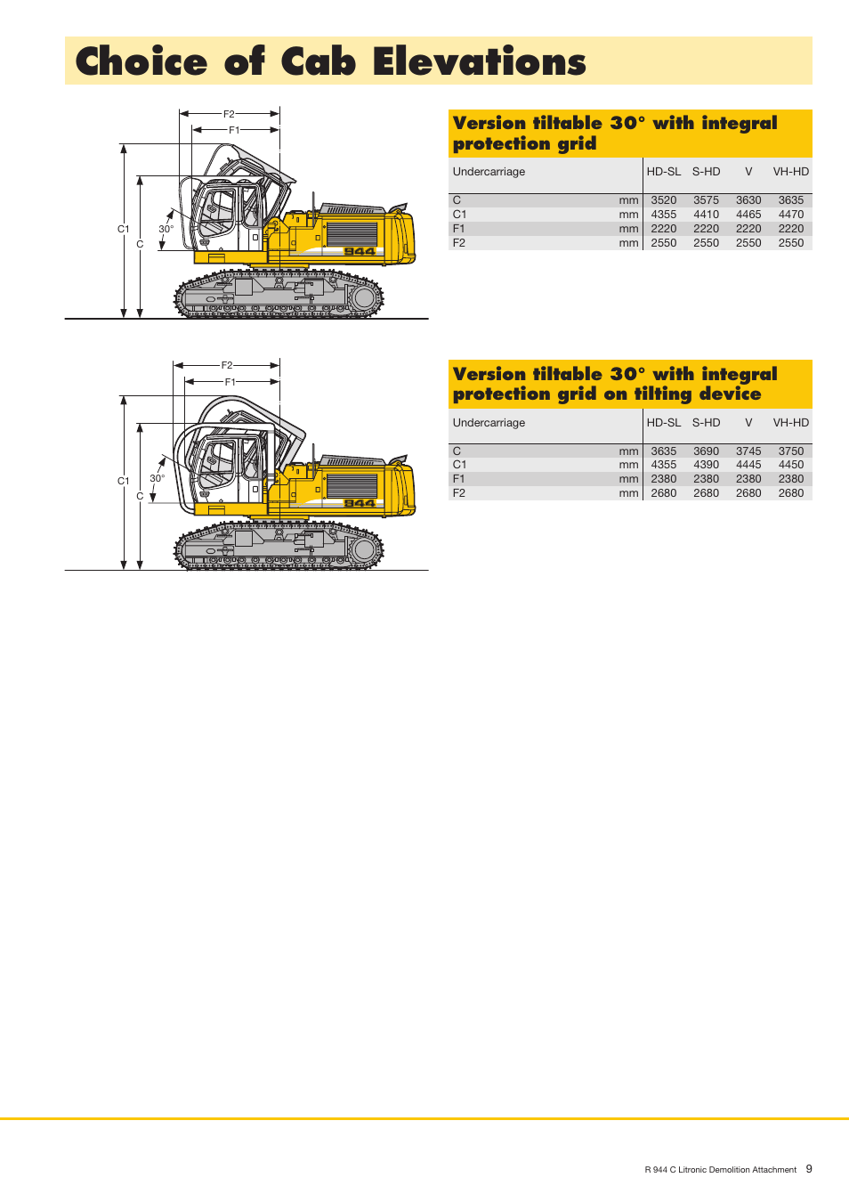 Choice of cab elevations, Version tiltable 30° with integral protection grid | Liebherr R 944 C Litronic Demolition User Manual | Page 9 / 10