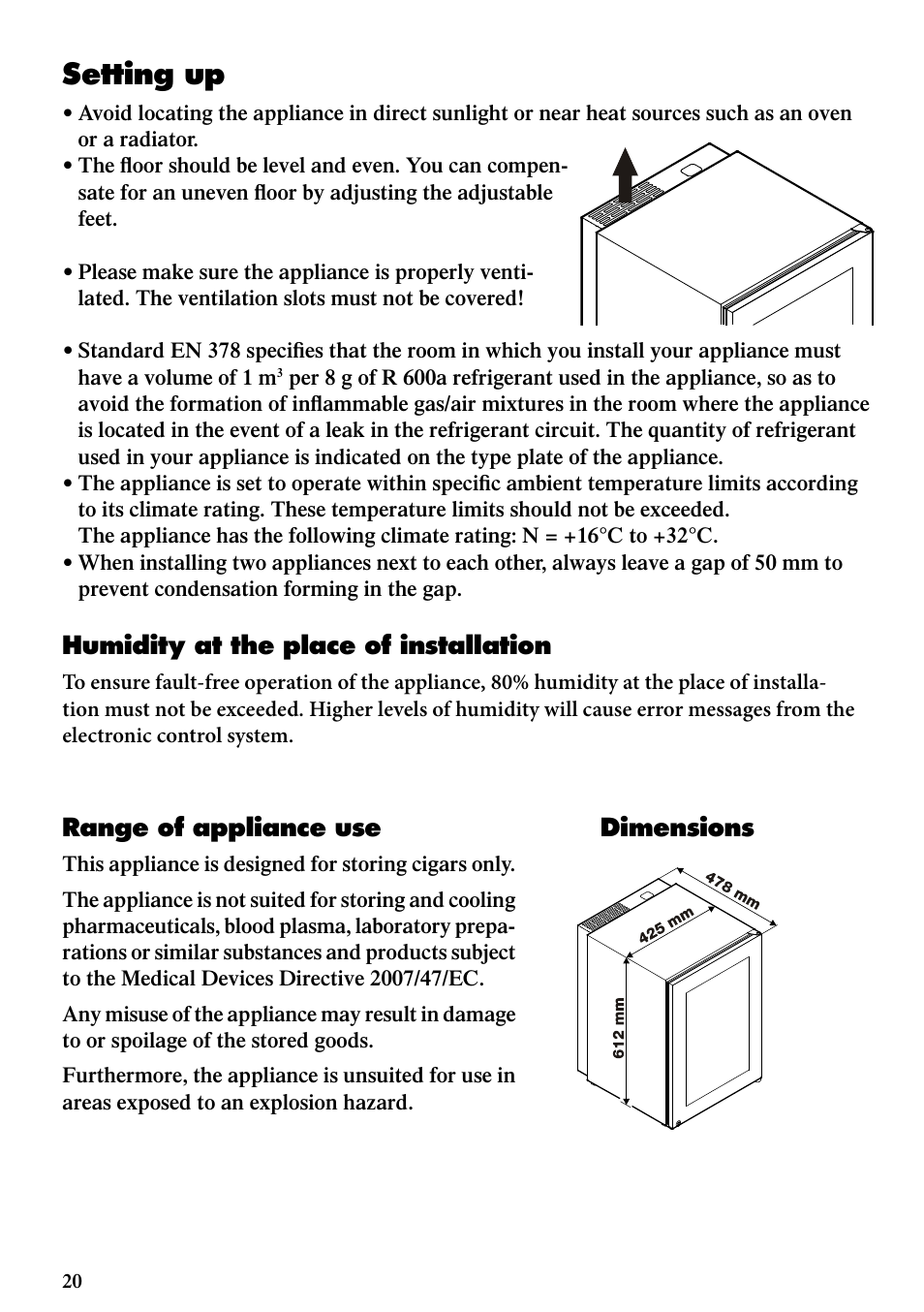 Setting up, Humidity at the place of installation, Dimensions range of appliance use | Liebherr ZKes 453 Humidor User Manual | Page 4 / 17
