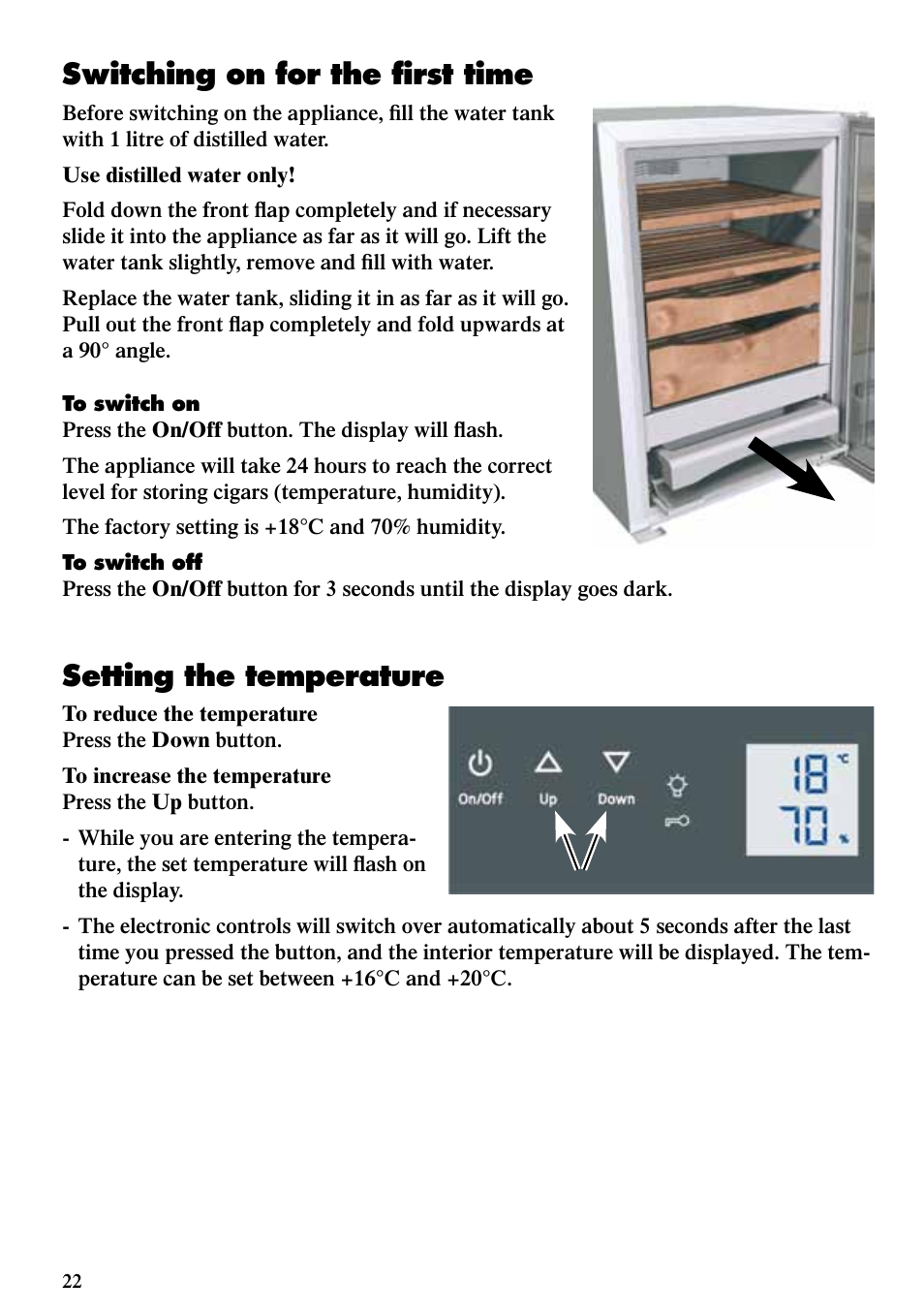 Switching on for the first time, Setting the temperature | Liebherr ZKes 453 Humidor User Manual | Page 6 / 17