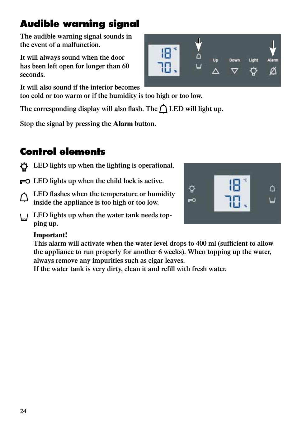 Audible warning signal, Control elements | Liebherr ZKes 453 Humidor User Manual | Page 8 / 17