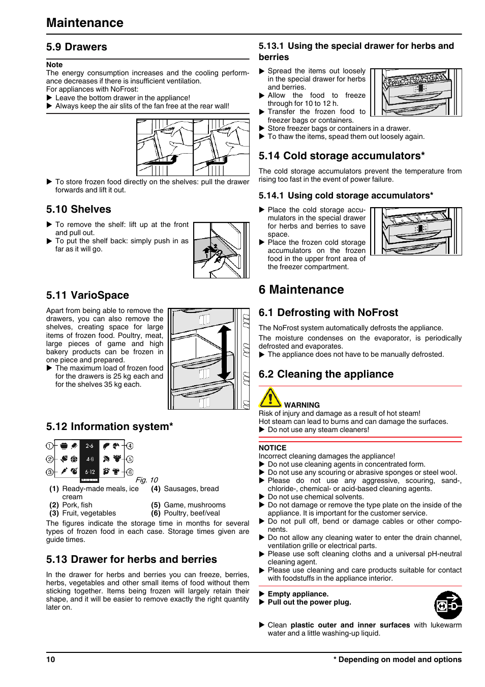 9drawers, 10shelves, 11variospace | 12information system, 13drawer for herbs and berries, 1using the special drawer for herbs and berries, 14cold storage accumulators, 1using cold storage accumulators, 6maintenance, 1defrosting with nofrost | Liebherr GN 2723 Comfort NoFrost User Manual | Page 10 / 14