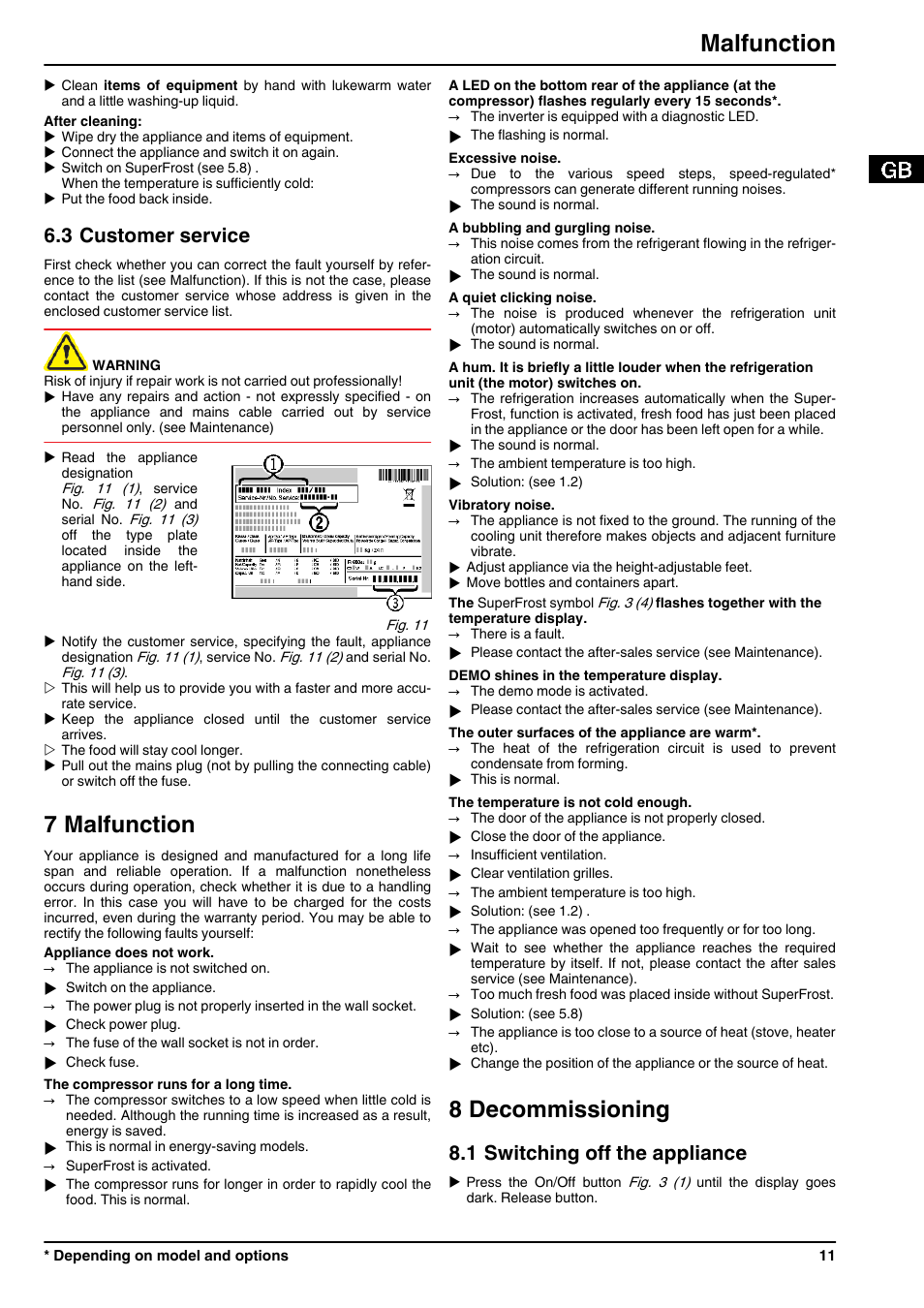 3customer service, 7malfunction, 8decommissioning | 1switching off the appliance, 7 malfunction, 8 decommissioning, Malfunction, 3 customer service, 1 switching off the appliance | Liebherr GN 2723 Comfort NoFrost User Manual | Page 11 / 14