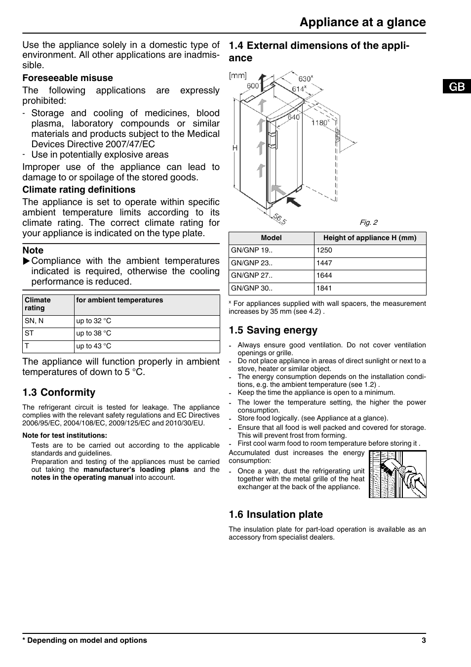 3conformity, 4external dimensions of the appliance, 5saving energy | 6insulation plate, Appliance at a glance, 3 conformity, 4 external dimensions of the appli- ance, 5 saving energy, 6 insulation plate | Liebherr GN 2723 Comfort NoFrost User Manual | Page 3 / 14