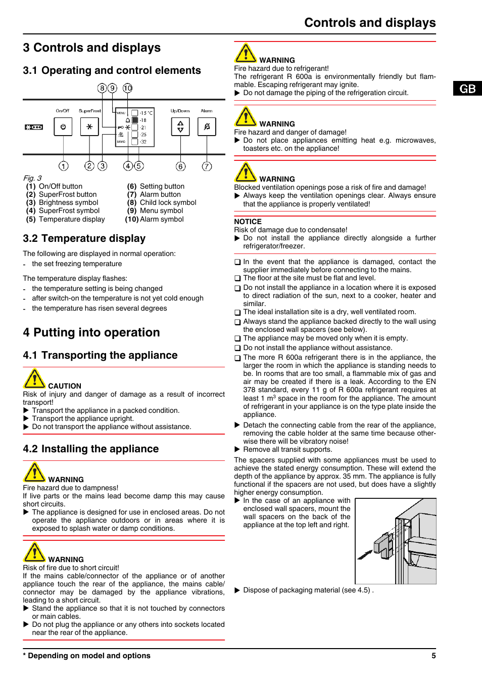 3controls and displays, 1operating and control elements, 2temperature display | 4putting into operation, 1transporting the appliance, 2installing the appliance, 3 controls and displays, 4 putting into operation, Controls and displays, 1 operating and control elements | Liebherr GN 2723 Comfort NoFrost User Manual | Page 5 / 14