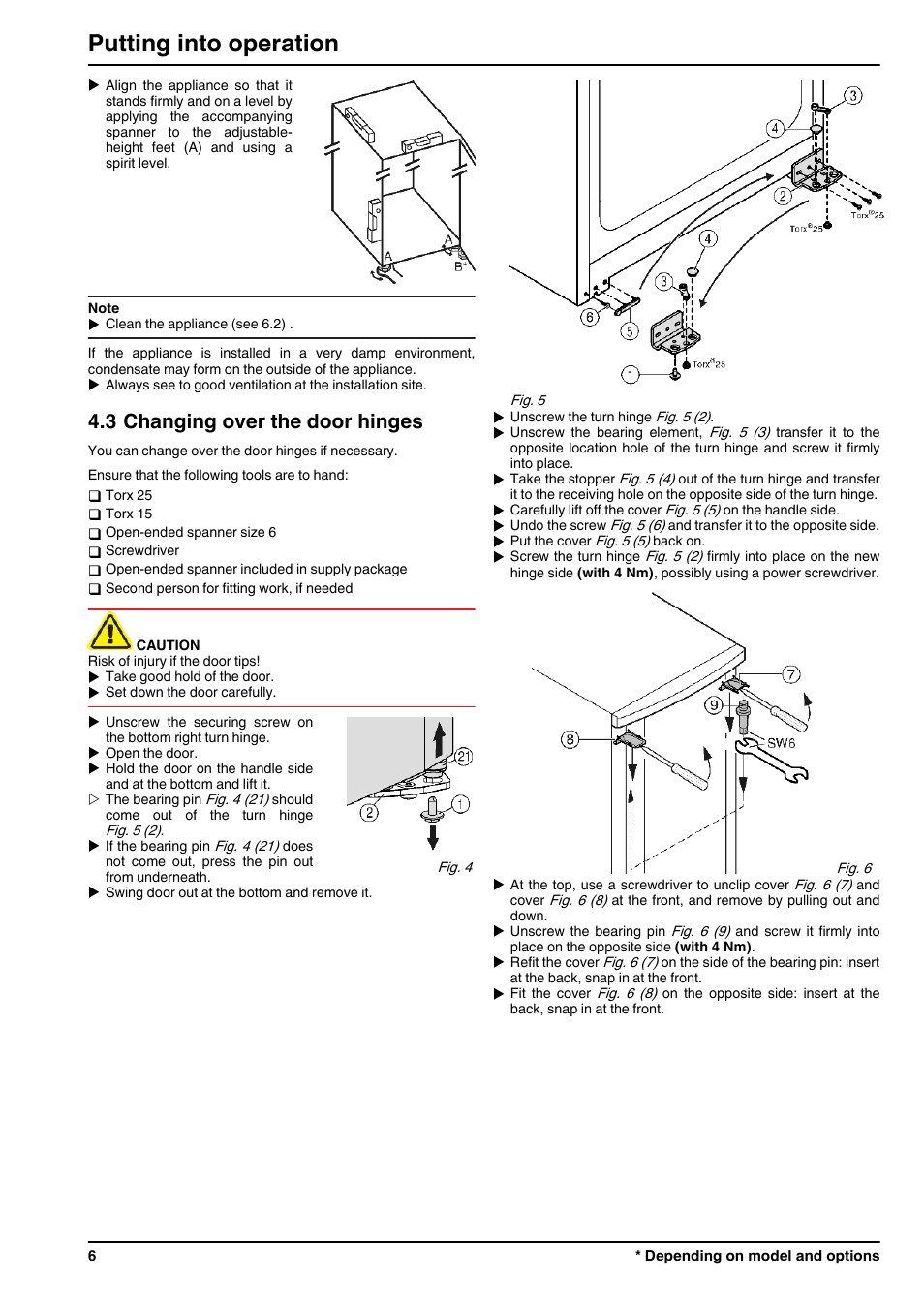 3changing over the door hinges, Putting into operation, 3 changing over the door hinges | Liebherr GN 2723 Comfort NoFrost User Manual | Page 6 / 14