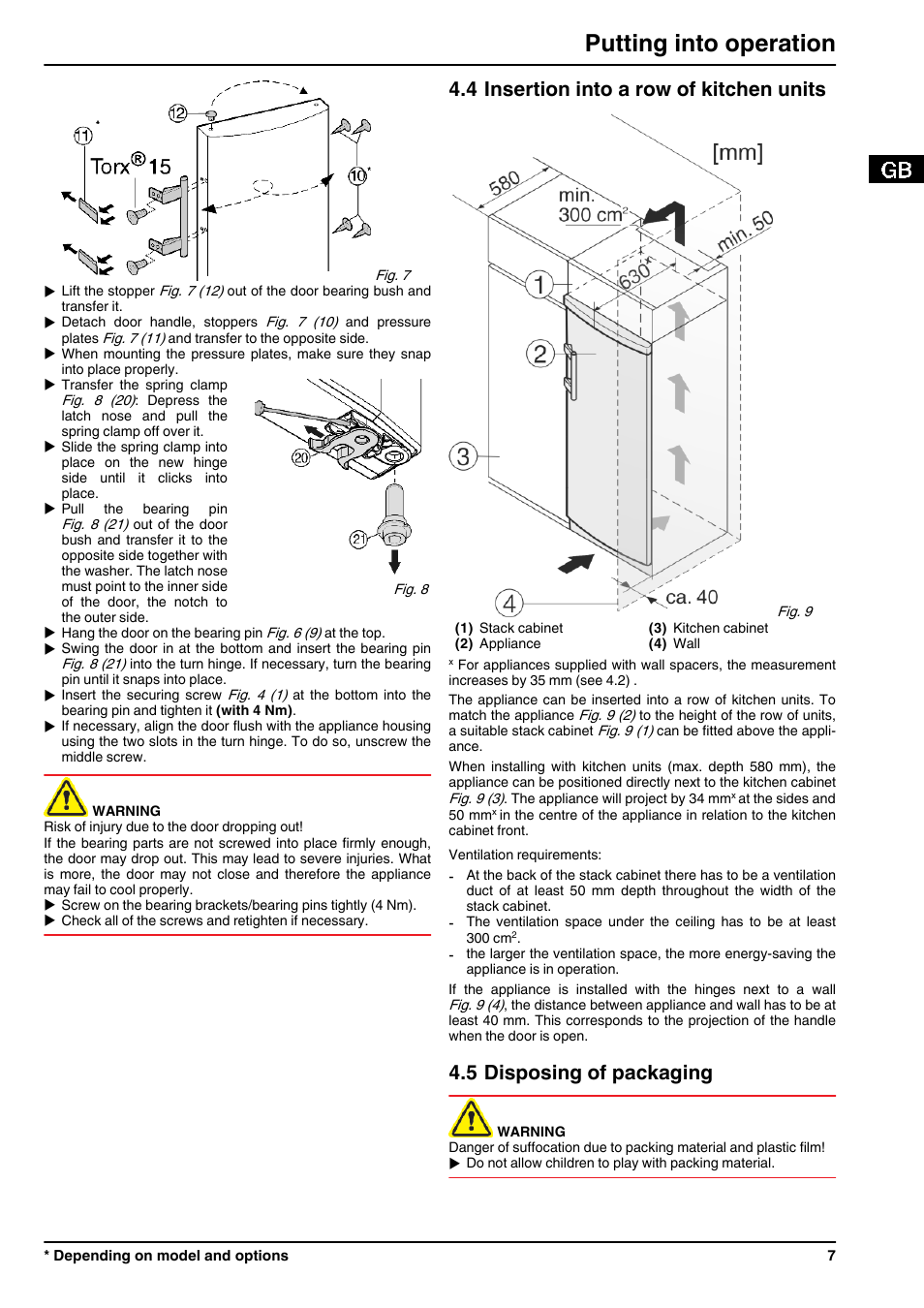 4insertion into a row of kitchen units, 5disposing of packaging, Putting into operation | 4 insertion into a row of kitchen units, 5 disposing of packaging | Liebherr GN 2723 Comfort NoFrost User Manual | Page 7 / 14