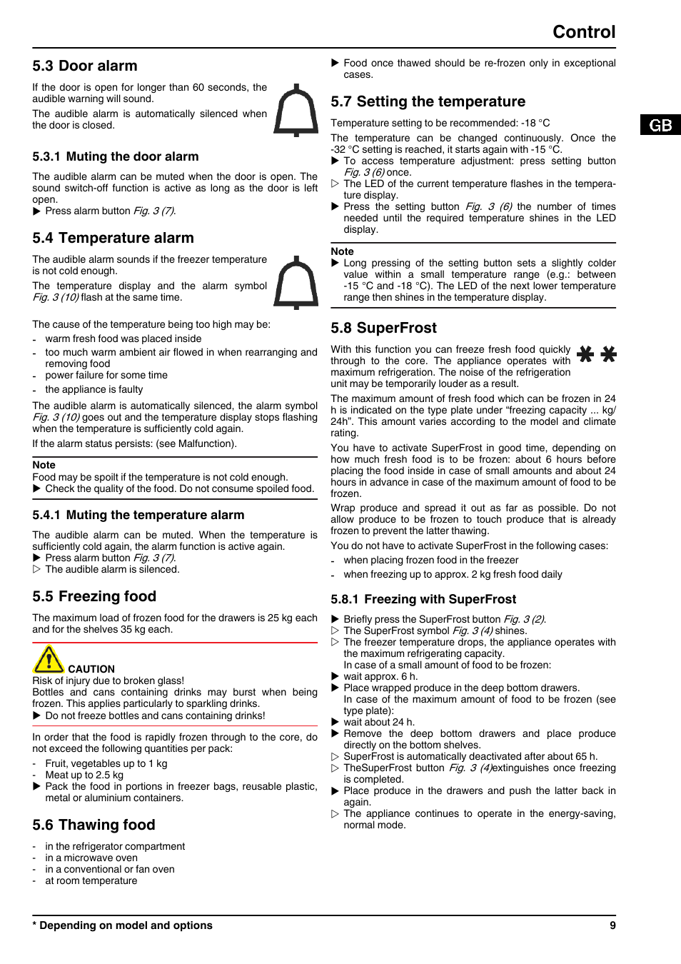3door alarm, 1muting the door alarm, 4temperature alarm | 1muting the temperature alarm, 5freezing food, 6thawing food, 7setting the temperature, 8superfrost, 1freezing with superfrost, Control | Liebherr GN 2723 Comfort NoFrost User Manual | Page 9 / 14