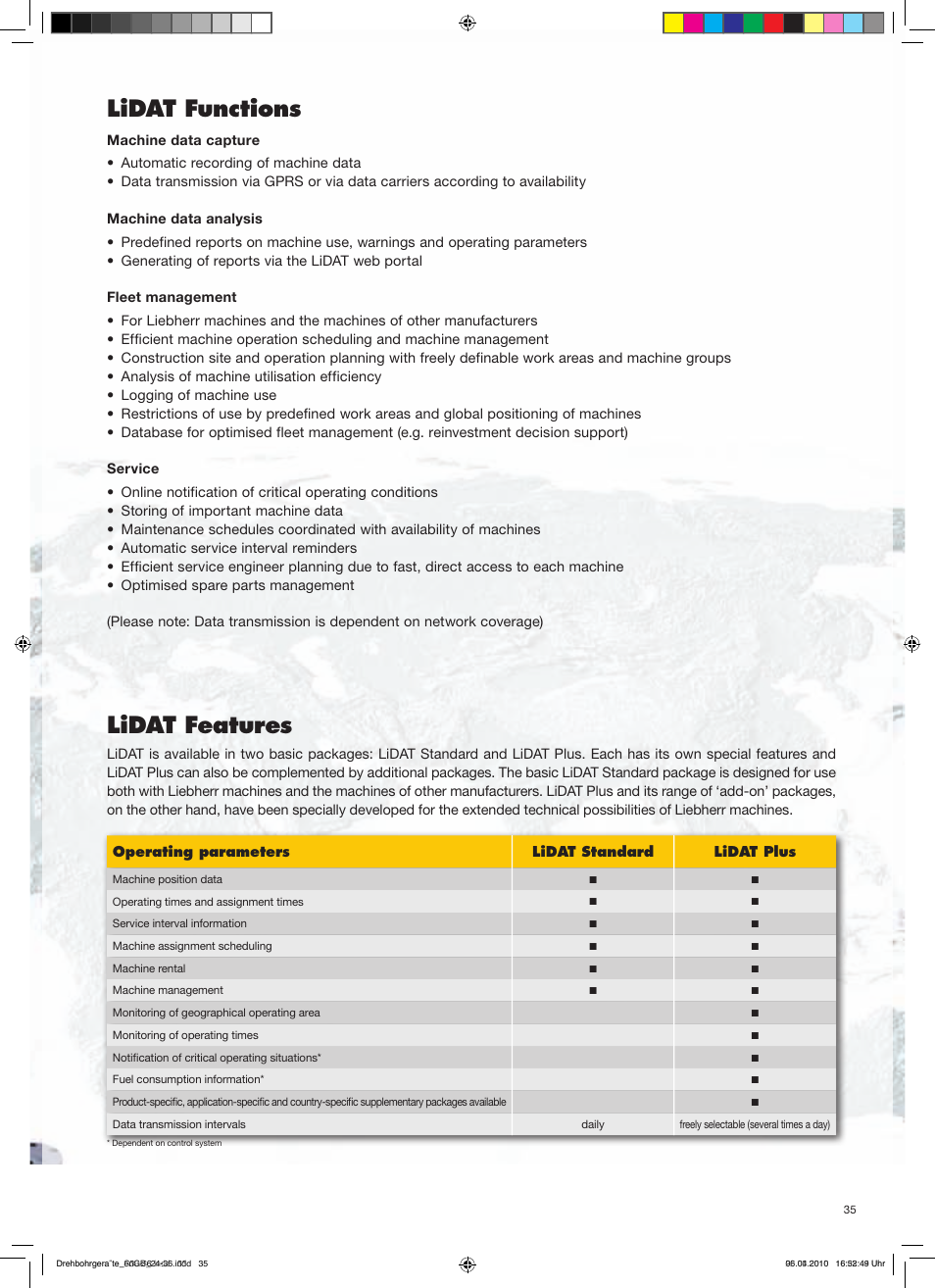 Lidat functions, Lidat features | Liebherr LB 16 User Manual | Page 35 / 36