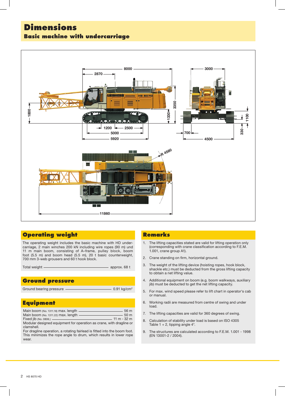 Dimensions, Operating weight, Ground pressure | Equipment, Remarks, Basic machine with undercarriage | Liebherr HS 8070 HD Litronic User Manual | Page 2 / 16