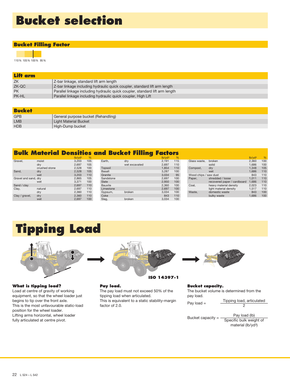 Bucket selection, Tipping load, Bulk material densities and bucket filling factors | Bucket filling factor lift arm, Bucket | Liebherr L 538 User Manual | Page 22 / 26