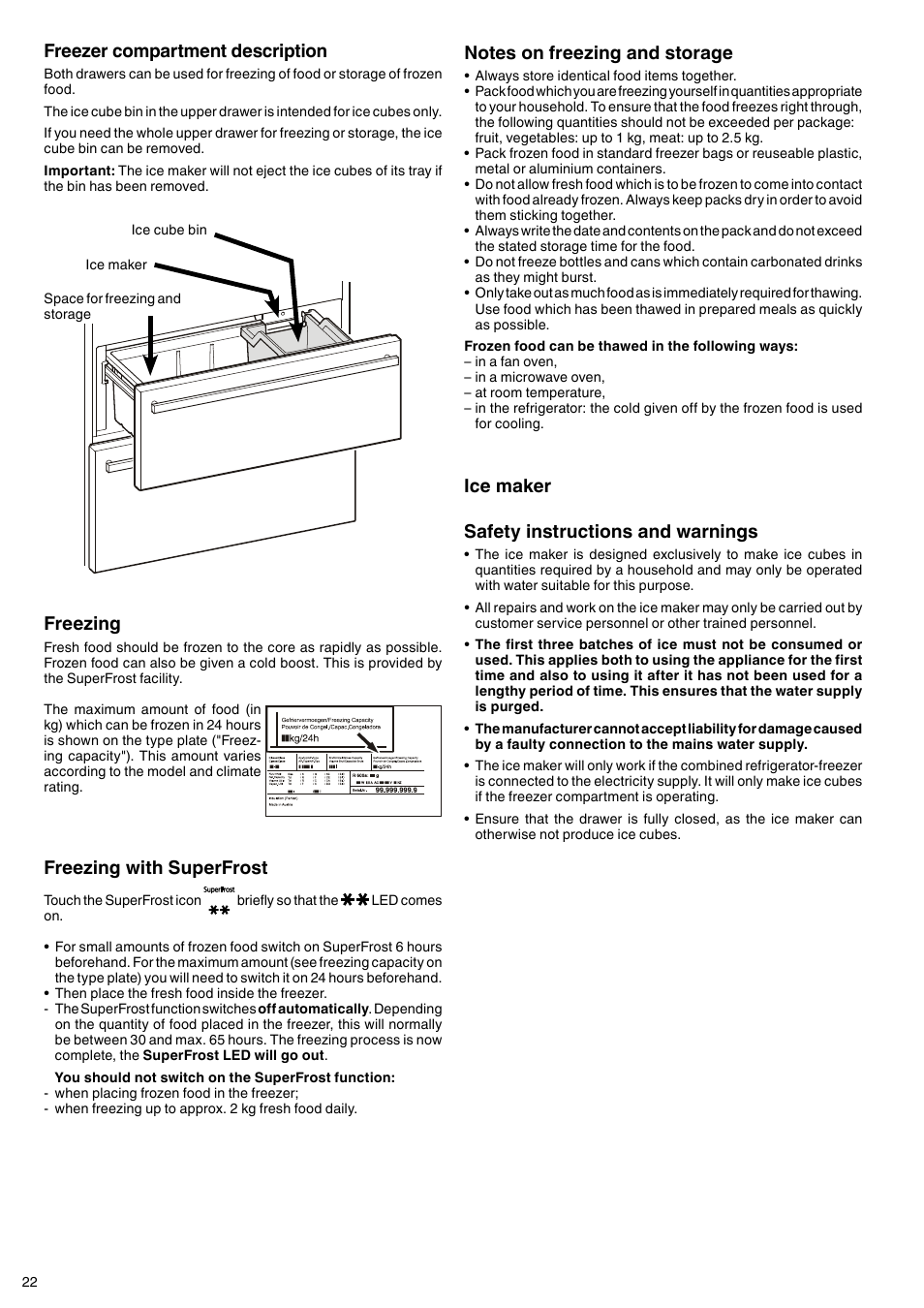 Ice maker safety instructions and warnings, Freezing, Freezer compartment description | Freezing with superfrost | Liebherr CBNes 6256 PremiumPlus BioFresh NoFrost User Manual | Page 10 / 13