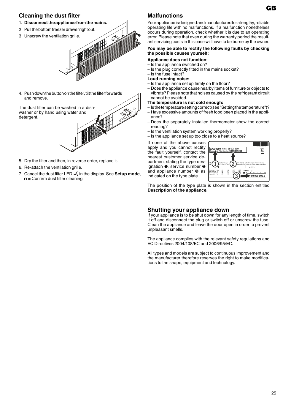 Malfunctions, Shutting your appliance down, Cleaning the dust filter | Liebherr CBNes 6256 PremiumPlus BioFresh NoFrost User Manual | Page 13 / 13