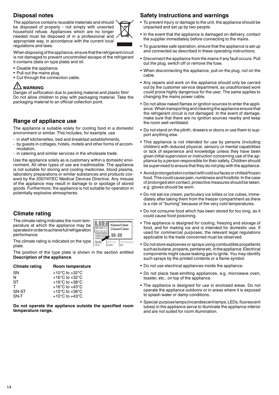 Safety instructions and warnings, Range of appliance use, Climate rating | Liebherr CBNes 6256 PremiumPlus BioFresh NoFrost User Manual | Page 2 / 13