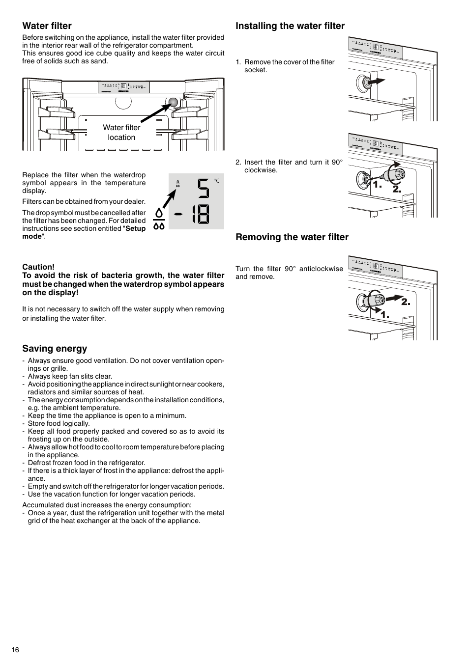 Water filter, Installing the water filter, Removing the water filter | Saving energy | Liebherr CBNes 6256 PremiumPlus BioFresh NoFrost User Manual | Page 4 / 13