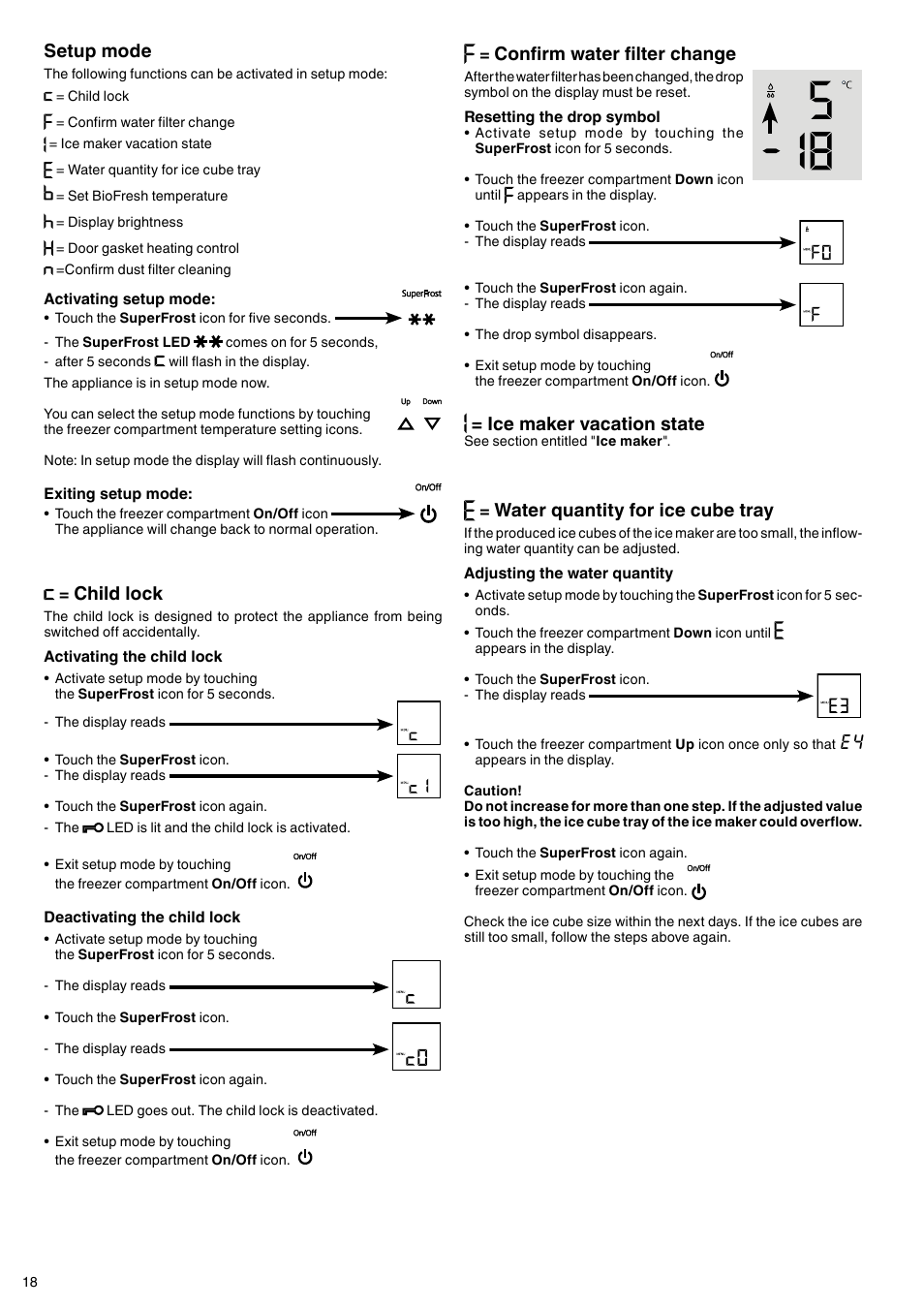 Confirm water filter change, Ice maker vacation state, Water quantity for ice cube tray | Setup mode, Child lock | Liebherr CBNes 6256 PremiumPlus BioFresh NoFrost User Manual | Page 6 / 13
