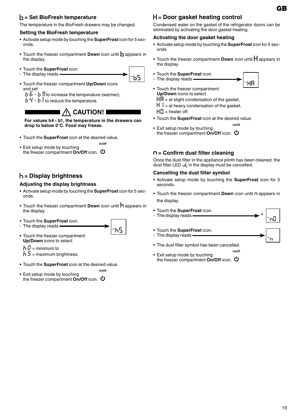 Caution, Display brightness, Door gasket heating control | Liebherr CBNes 6256 PremiumPlus BioFresh NoFrost User Manual | Page 7 / 13