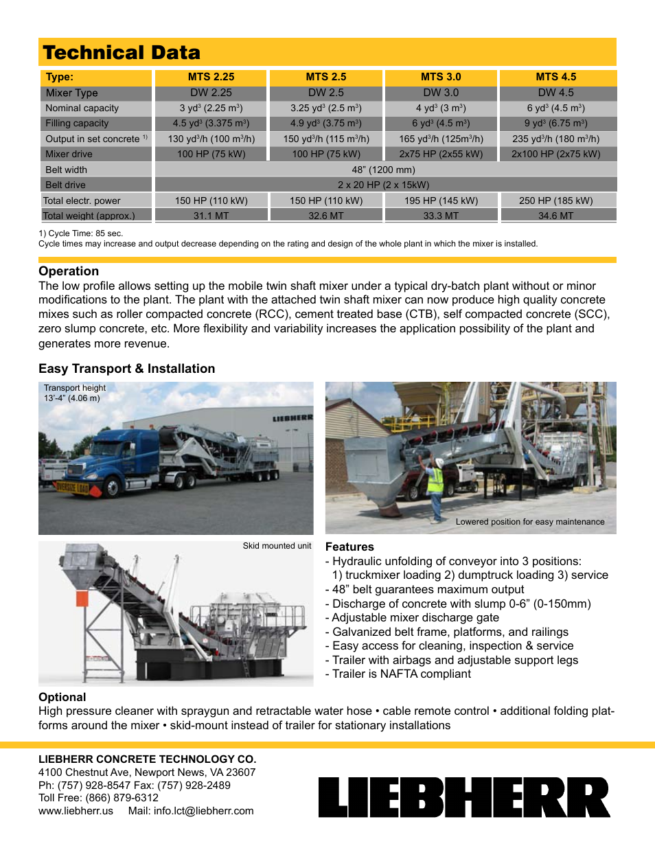 Technical data, Operation, Easy transport & installation | Liebherr Mobile mixer system User Manual | Page 2 / 2