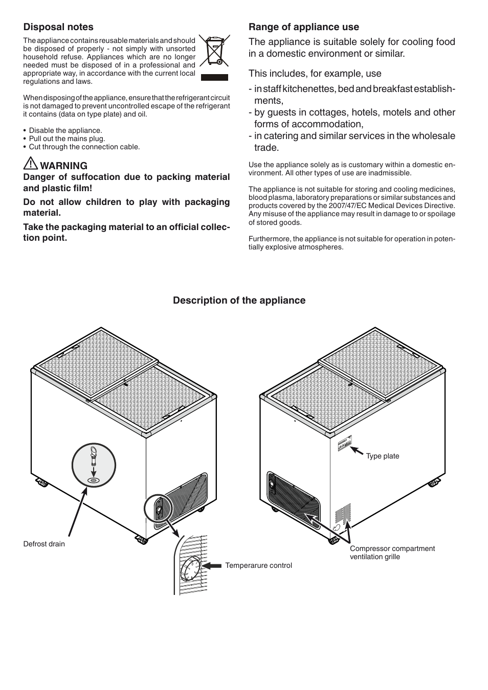 Warning, Description of the appliance | Liebherr FT 2902 User Manual | Page 2 / 5