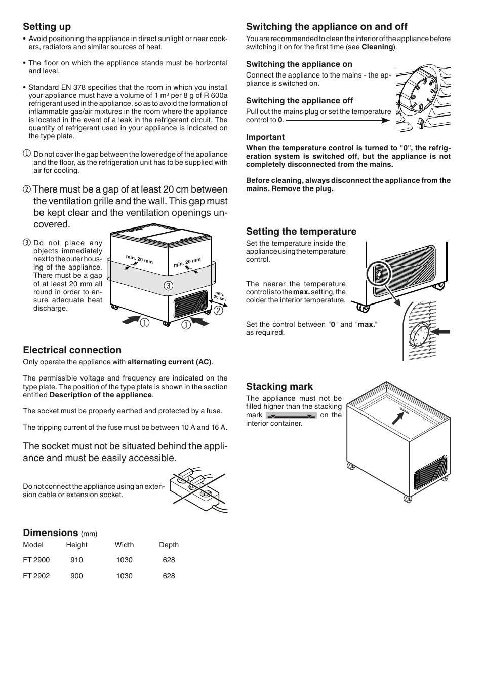 Setting up, Electrical connection, Dimensions | Switching the appliance on and off, Setting the temperature, Stacking mark | Liebherr FT 2902 User Manual | Page 4 / 5