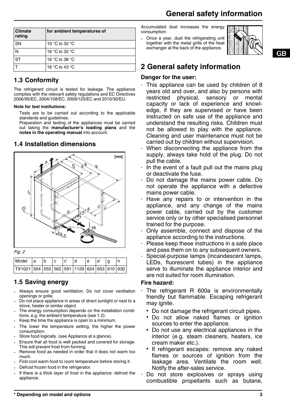 3conformity, 4installation dimensions, 5saving energy | 2general safety information, 2 general safety information, General safety information, 3 conformity, 4 installation dimensions, 5 saving energy | Liebherr TX 1021 Comfort User Manual | Page 3 / 10