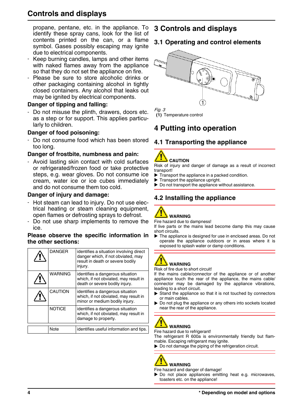 3controls and displays, 1operating and control elements, 4putting into operation | 1transporting the appliance, 2installing the appliance, 3 controls and displays, 4 putting into operation, Controls and displays, 1 operating and control elements, 1 transporting the appliance | Liebherr TX 1021 Comfort User Manual | Page 4 / 10