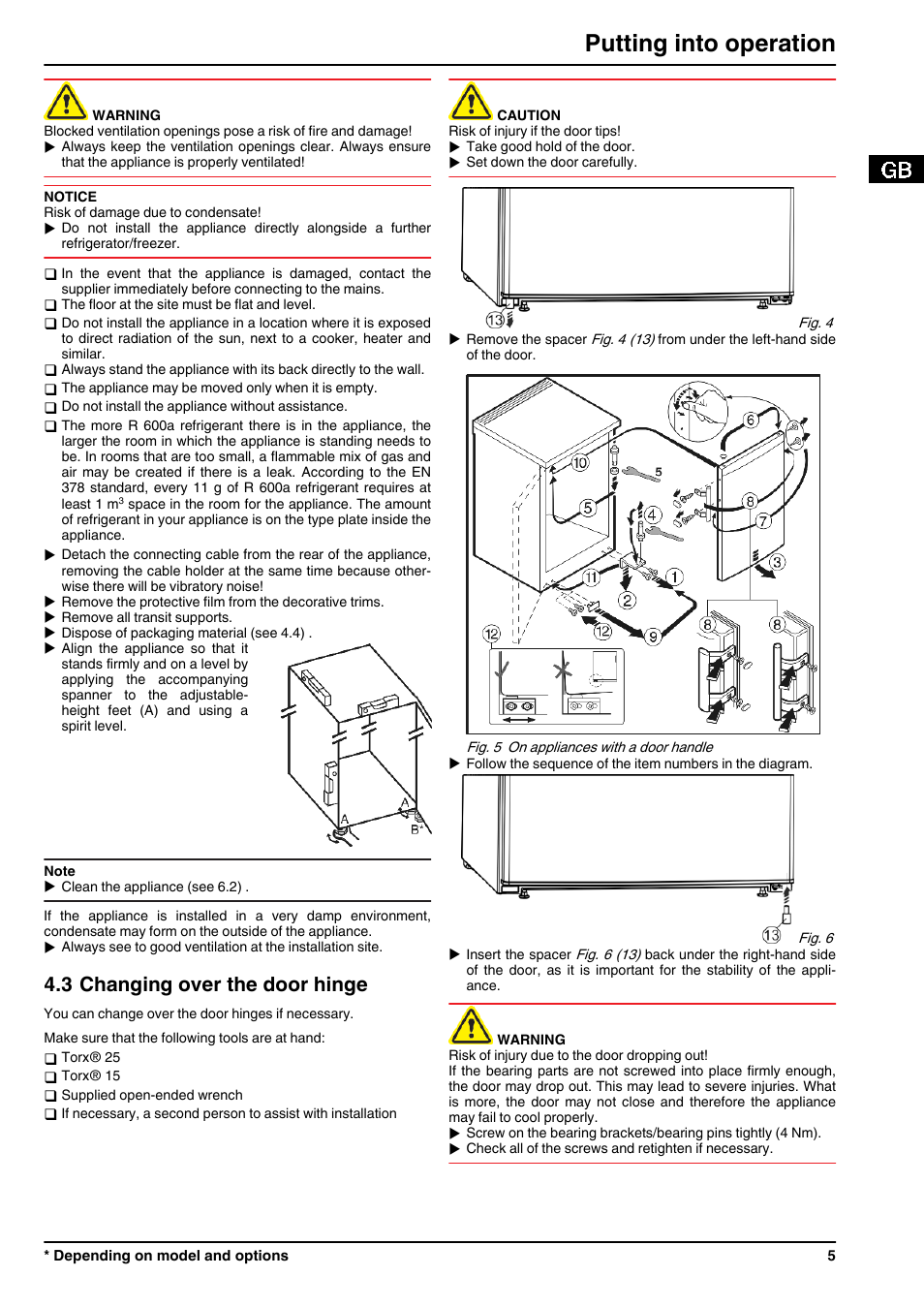 3changing over the door hinge, Putting into operation, 3 changing over the door hinge | Liebherr TX 1021 Comfort User Manual | Page 5 / 10