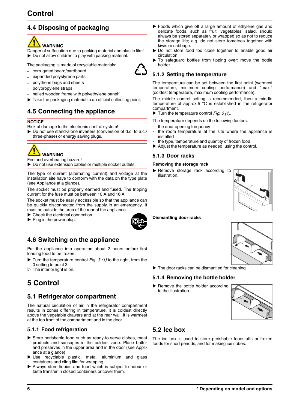 4disposing of packaging, 5connecting the appliance, 6switching on the appliance | 5control, 1refrigerator compartment, 1food refrigeration, 2setting the temperature, 3door racks, 4removing the bottle holder, 2ice box | Liebherr TX 1021 Comfort User Manual | Page 6 / 10