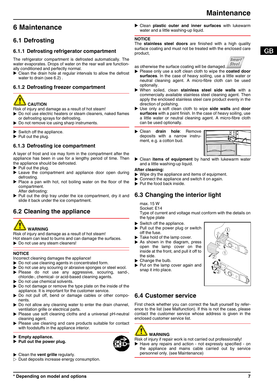 6maintenance, 1defrosting, 1defrosting refrigerator compartment | 2defrosting freezer compartment, 3defrosting ice compartment, 2cleaning the appliance, 3changing the interior light, 4customer service, 6 maintenance, Maintenance | Liebherr TX 1021 Comfort User Manual | Page 7 / 10