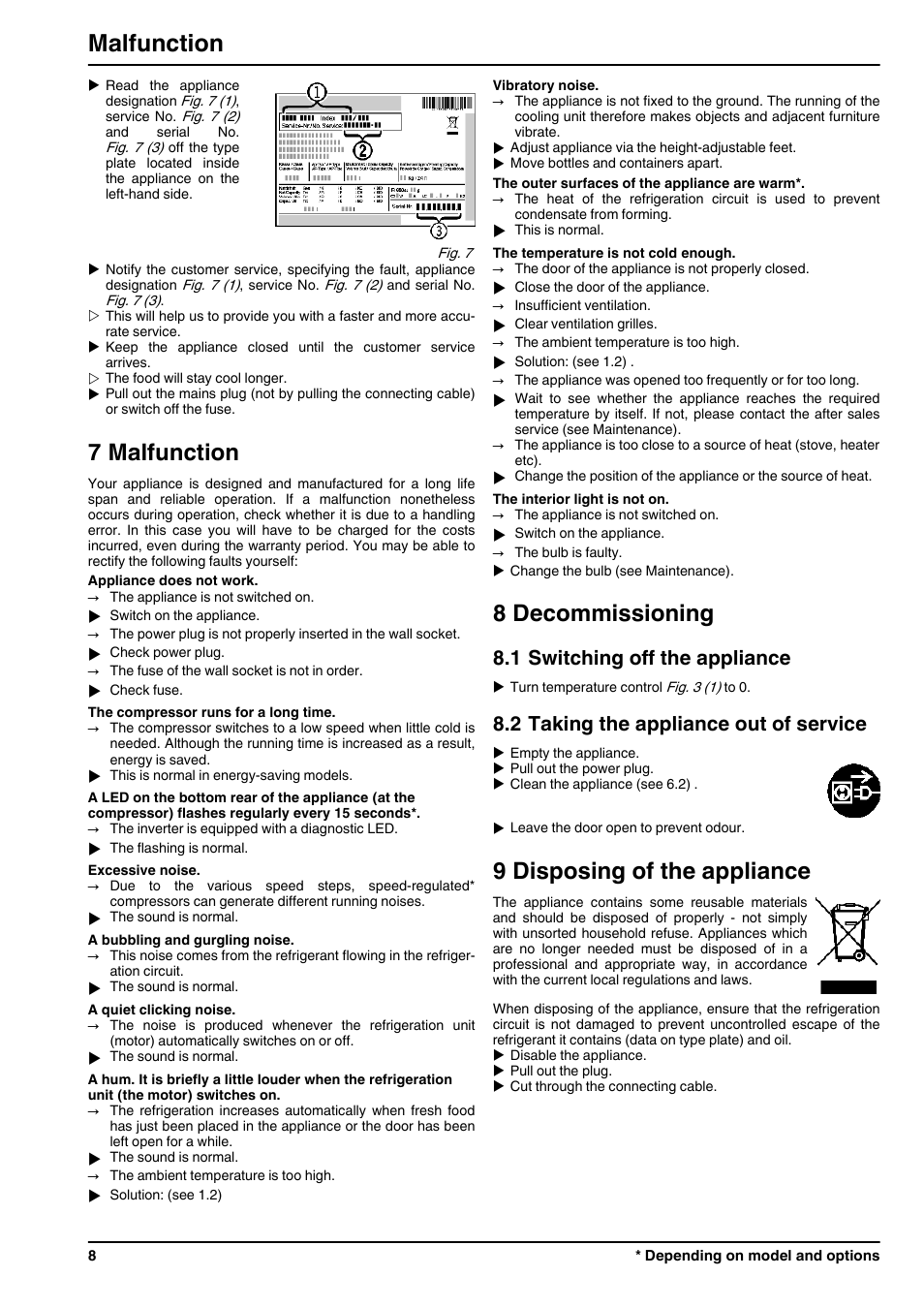 7malfunction, 8decommissioning, 1switching off the appliance | 2taking the appliance out of service, 9disposing of the appliance, 7 malfunction, 8 decommissioning, 9 disposing of the appliance, Malfunction, 1 switching off the appliance | Liebherr TX 1021 Comfort User Manual | Page 8 / 10