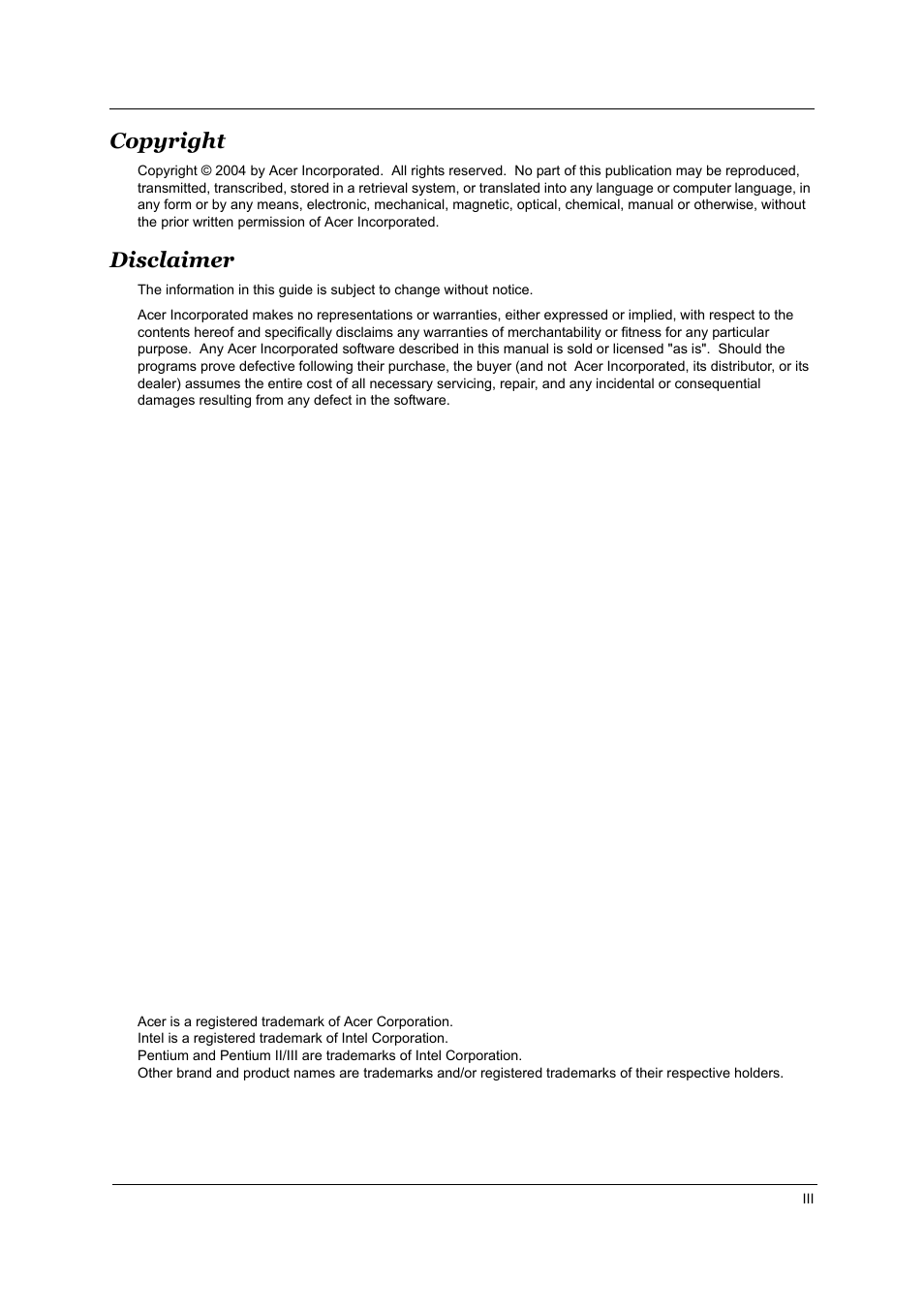 Copyright, Disclaimer | Acer TRAVELMATE TravelMate 4050 User Manual | Page 3 / 90