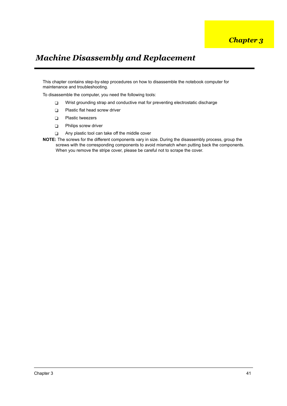 S.g_tm4050_ch3, Machine disassembly and replacement, Chapter 3 | Acer TRAVELMATE TravelMate 4050 User Manual | Page 48 / 90