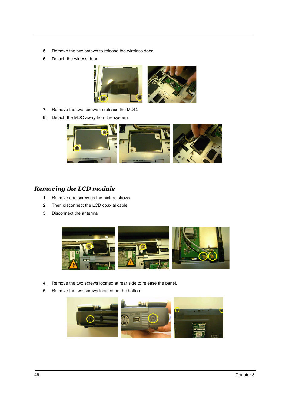 Removing the lcd module | Acer TRAVELMATE TravelMate 4050 User Manual | Page 53 / 90