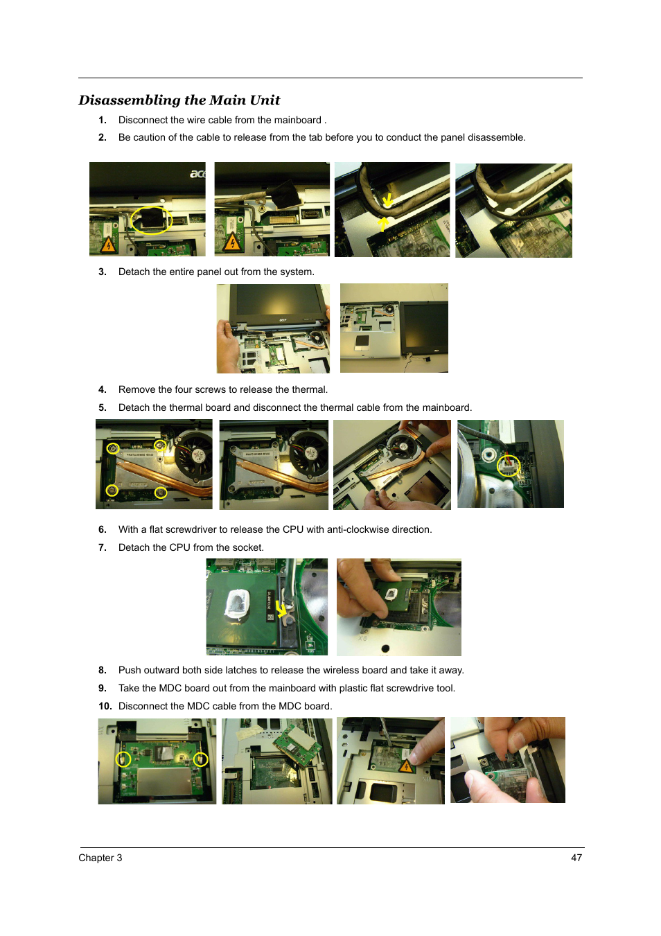 Disassembling the main unit | Acer TRAVELMATE TravelMate 4050 User Manual | Page 54 / 90