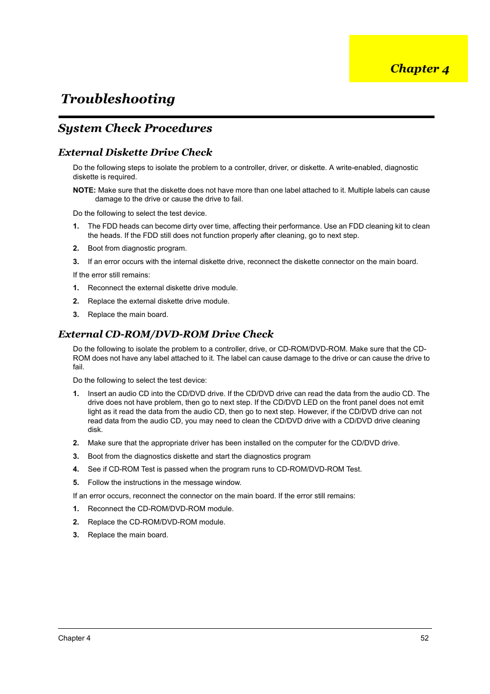 S.g_tm4050_ch4, Troubleshooting, System check procedures | External diskette drive check, External cd-rom/dvd-rom drive check, Chapter 4 | Acer TRAVELMATE TravelMate 4050 User Manual | Page 59 / 90