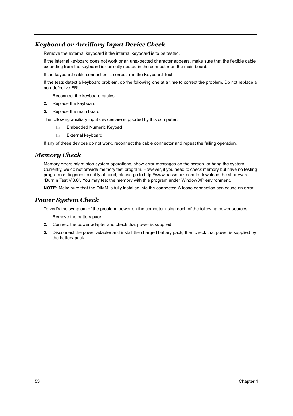 Keyboard or auxiliary input device check, Memory check, Power system check | Acer TRAVELMATE TravelMate 4050 User Manual | Page 60 / 90