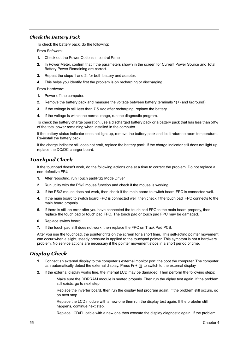 Touchpad check, Display check | Acer TRAVELMATE TravelMate 4050 User Manual | Page 62 / 90