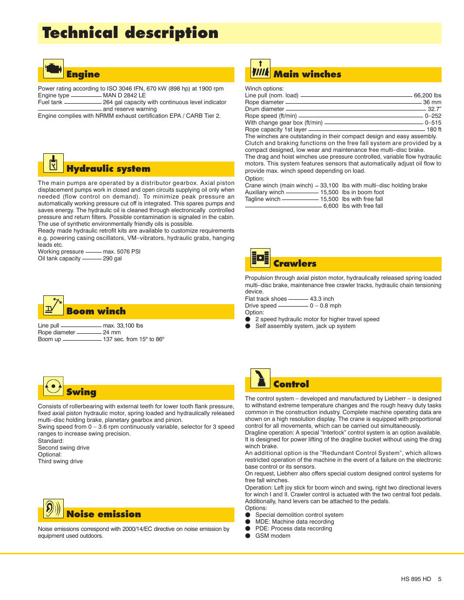 Technical description, Engine, Hydraulic system | Main winches, Boom winch, Swing, Crawlers, Control, Noise emission | Liebherr HS 895 HD Litronic User Manual | Page 5 / 16