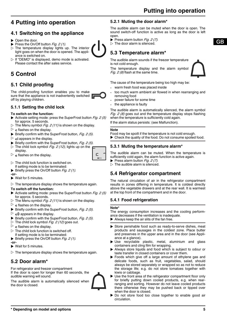 4putting into operation, 1switching on the appliance, 5control | 1child proofing, 1setting the child lock, 2door alarm, 1muting the door alarm, 3temperature alarm, 1muting the temperature alarm, 4refrigerator compartment | Liebherr ICUNS 3314 Comfort NoFrost User Manual | Page 5 / 12