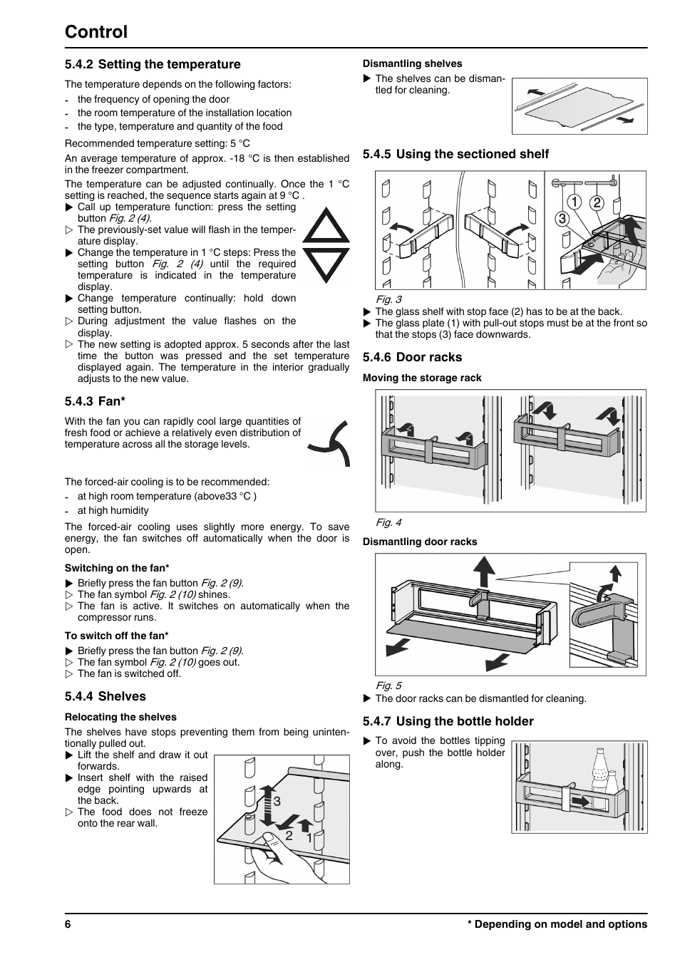 2setting the temperature, 3fan, 4shelves | 5using the sectioned shelf, 6door racks, 7using the bottle holder, Control | Liebherr ICUNS 3314 Comfort NoFrost User Manual | Page 6 / 12