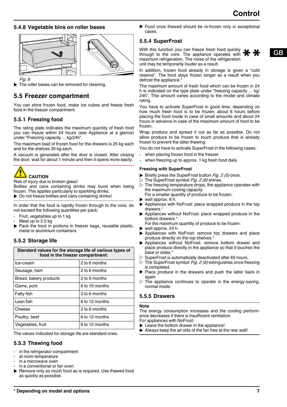 8vegetable bins on roller bases, 5freezer compartment, 1freezing food | 2storage life, 3thawing food, 4superfrost, 5drawers, Control, 5 freezer compartment | Liebherr ICUNS 3314 Comfort NoFrost User Manual | Page 7 / 12
