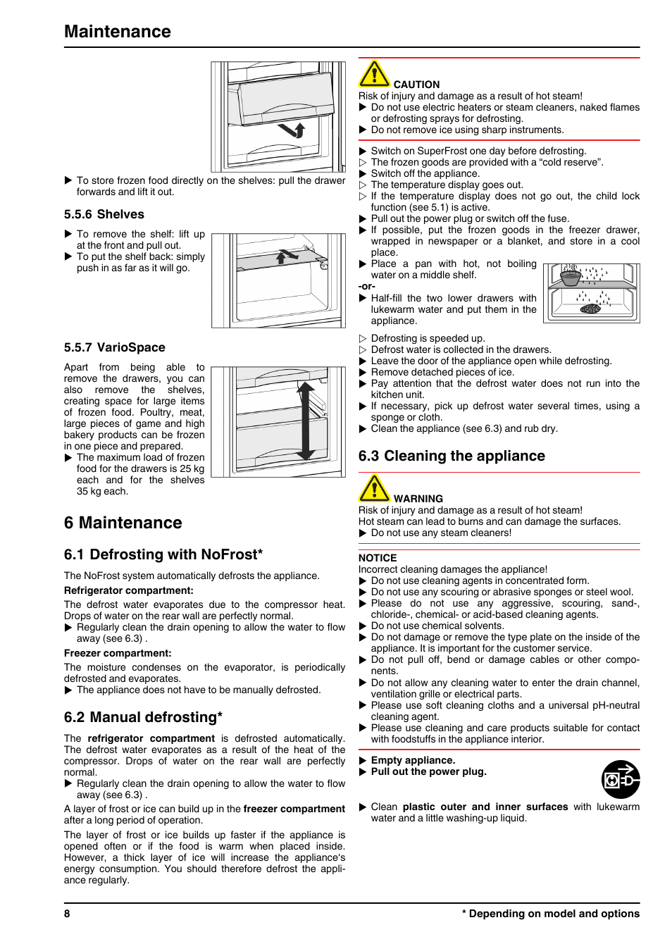 6shelves, 7variospace, 6maintenance | 1defrosting with nofrost, 2manual defrosting, 3cleaning the appliance, 6 maintenance, Maintenance, 1 defrosting with nofrost, 2 manual defrosting | Liebherr ICUNS 3314 Comfort NoFrost User Manual | Page 8 / 12